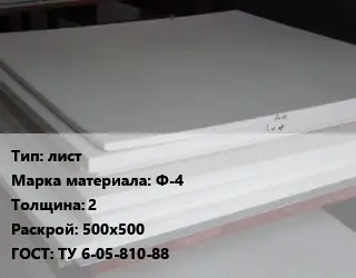Фторопласт плита лист Ф-4 s=2 500х500 ТУ 6-05-810-88